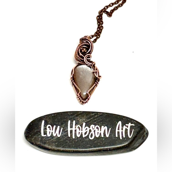 HAND CRAFTED Gray Moonstone Copper Wire Wrapped Pendant Necklace, Handmade - Picture 2 of 10